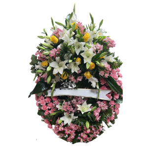 Corona funeraria Adiós con lilium blancos y rosas amarillas – Rosi Floristas