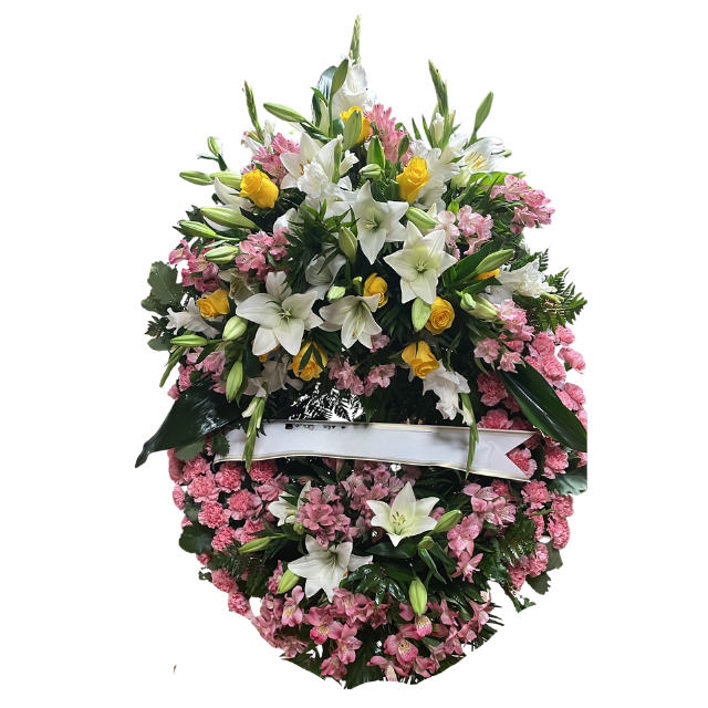 Corona funeraria Adiós con lilium blancos y rosas amarillas – Rosi Floristas Corona funeraria Adiós con lilium blancos y rosas amarillas – Rosi Floristas