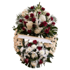 Corona funeraria Atardecer con rosas burdeos y flores blancas – Rosi Floristas