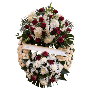 Corona funeraria Atardecer con rosas burdeos y flores blancas – Rosi Floristas