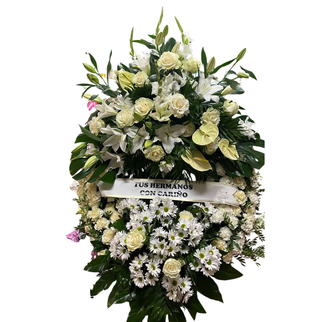 Corona funeraria Ocaso con lilium blancos y rosas crema – Rosi Floristas Corona funeraria Ocaso con lilium blancos y rosas crema – Rosi Floristas