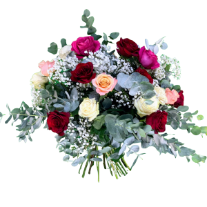 Ramo de flores frescas compuesto por dieciocho rosas naturales en tonos variados, acompa&ntilde;ado de guis&oacute;fila y eucalipto. Un dise&ntilde;o floral rom&aacute;ntico y elegante, ideal para San Valent&iacute;n y ocasiones especiales.