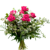 Ramo de flores frescas con seis rosas fucsia y verdes naturales. Un diseño floral elegante y expresivo de Rosi Floristas, ideal para regalar.
