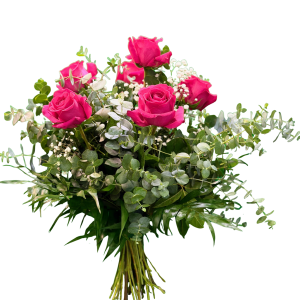 Ramo de flores frescas con seis rosas fucsia y verdes naturales. Un dise&ntilde;o floral elegante y expresivo de Rosi Floristas, ideal para regalar.