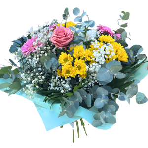 Ramo de flores frescas con rosas, margaritas y gerberas. El Ramo Florencia de Rosi Floristas es un diseño floral premium disponible en tres tamaños.