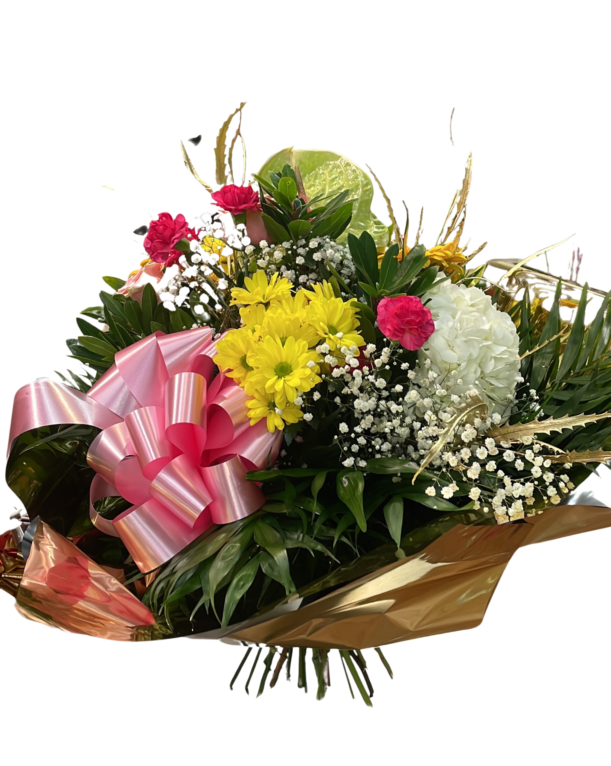 Ramo de flores frescas con anturium, rosas, gerberas, margaritas y claveles. El Ramo Milán Especial de Rosi Floristas es un diseño floral premium disponible en tres tamaños.