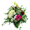 Ramo Santorini con rosas, margaritas, gerberas y hortensias. Flores frescas naturales disponibles en tres tamaños.