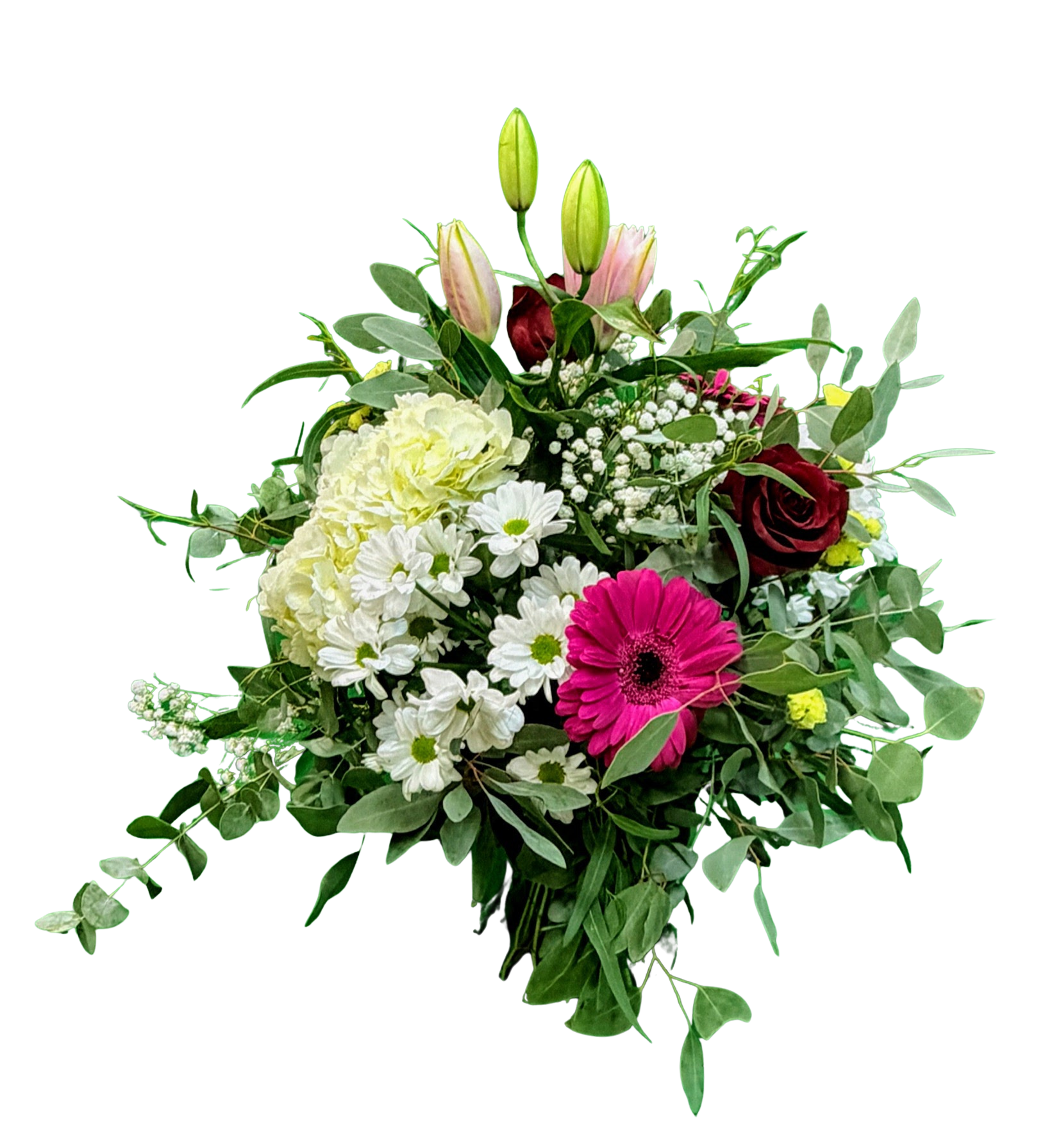 Ramo Santorini con rosas, margaritas, gerberas y hortensias. Flores frescas naturales disponibles en tres tamaños.