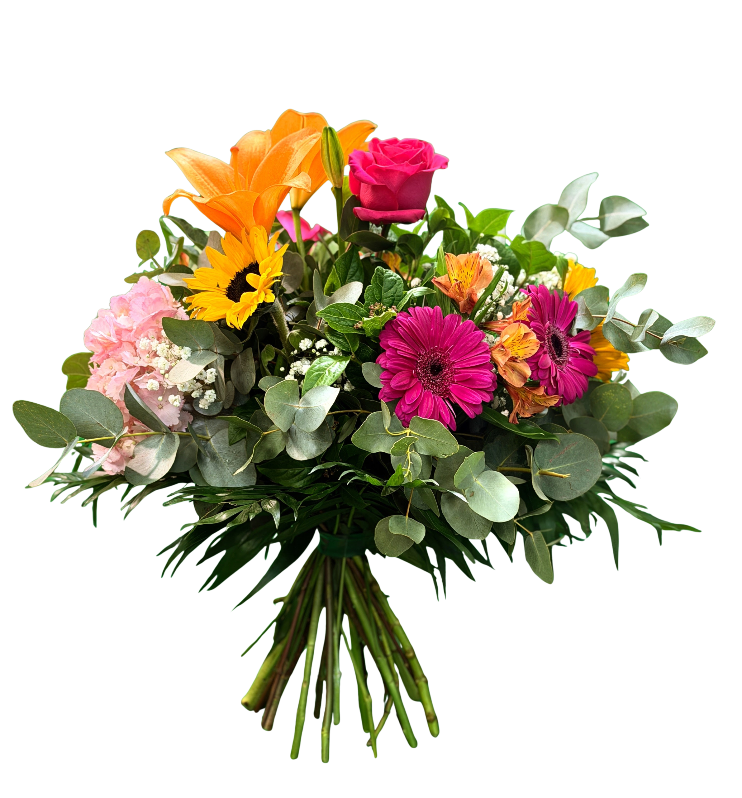 Ramo Venecia con liliu rosas, gerberas, hortensia y astromelias verdes variados